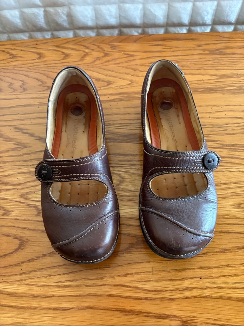 Clarks Brown Leather Mary Jane Flats with Button Strap